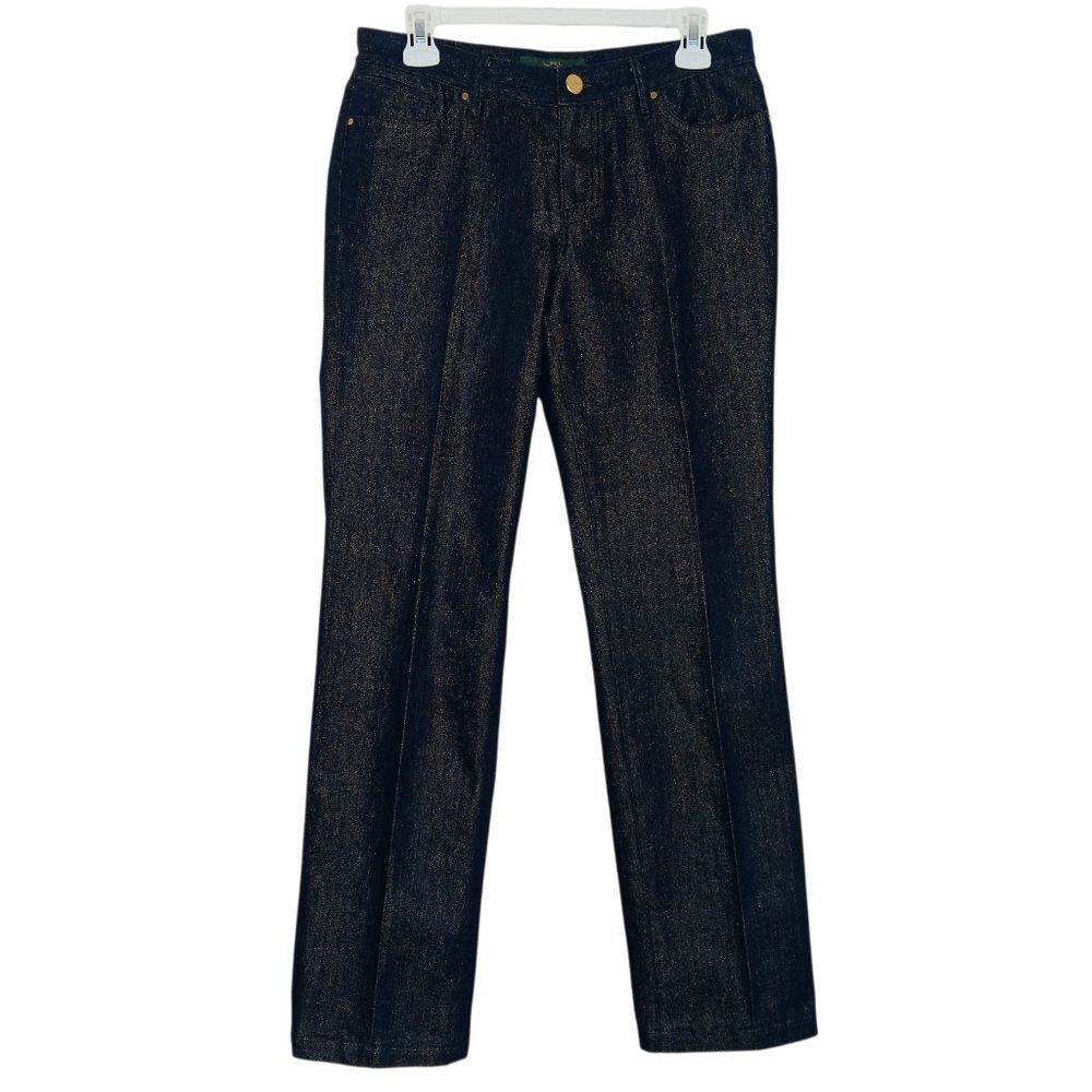 LAUREN JEANS CO. Ralph Lauren Gold Shimmer Slim Straight Dark Wash Jeans 4 NWOT